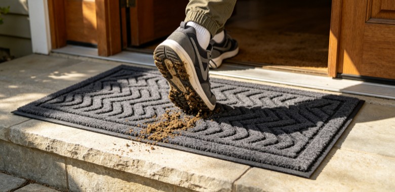 Gepr&auml;gte TPR-Fu&szlig;matte mit erhabenem Rautenmuster, das Sand von einer Schuhsohle abkratzt